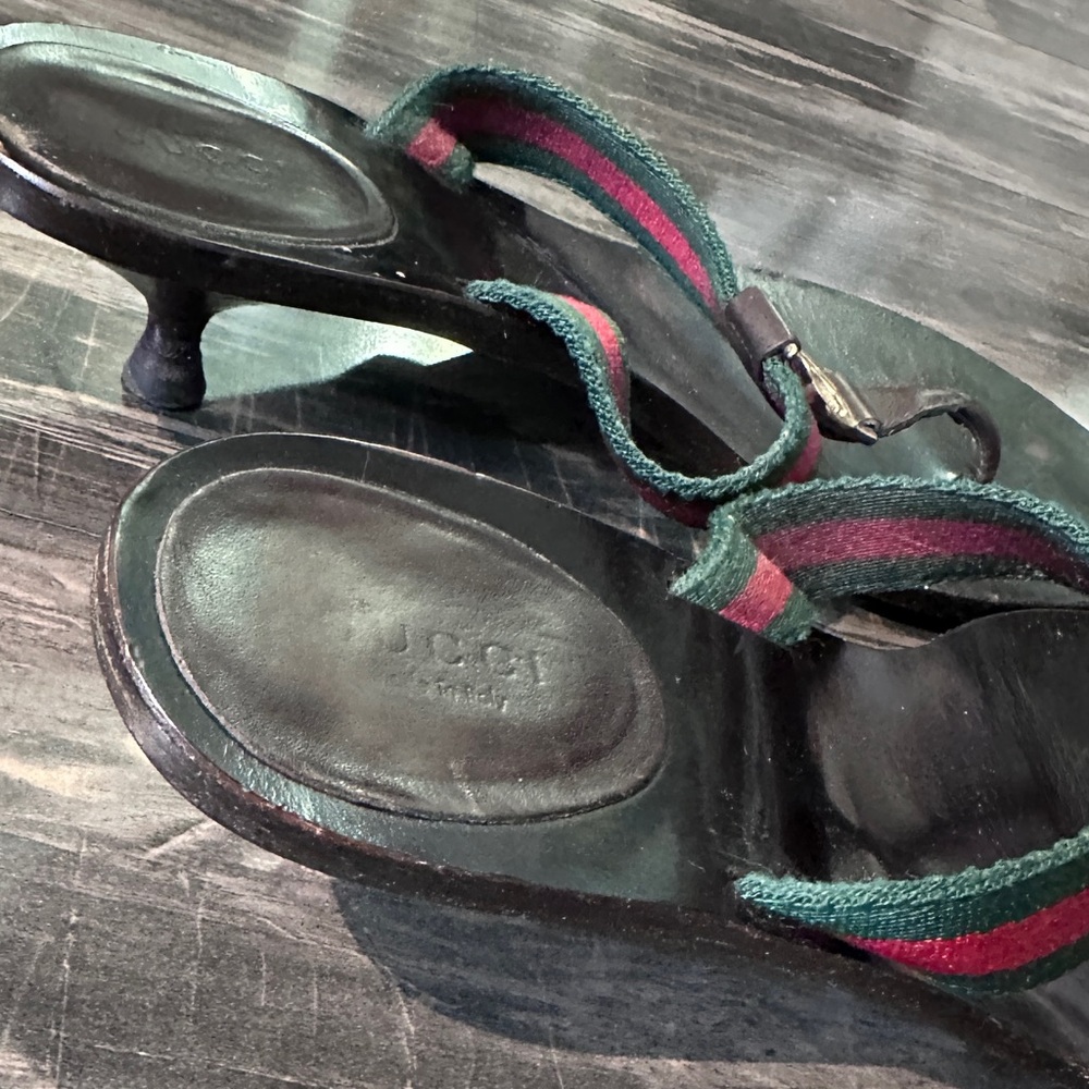 Gucci GG Logo Sandals Kitten‎ Heels THONGS Flip Flop Slides Brown Green Red 9.5 - Picture 14 of 16
